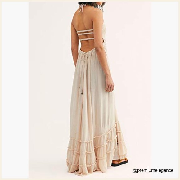 Summer Boho Backless Maxi Dress Halter Tie Waist Ruffle Hem Rayon Cotton - Picture 2 of 7